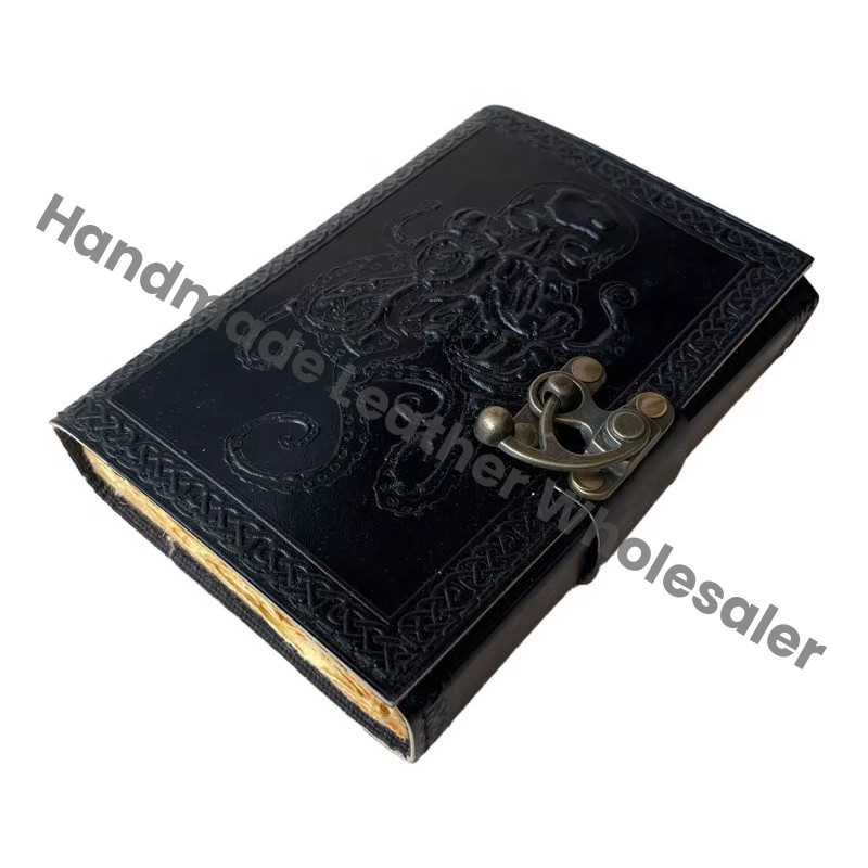 Octopus Leather Hardcover Journal Antique Embossed Lock Black Guest Book Handmade Recyclable Handmade Paper Gift Women Personal