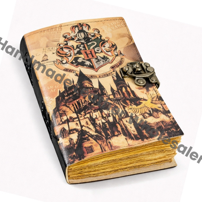 Old World Castle Magical Leather Journal | majestic old-world castle, crest emblem | Fantasy Wizard Spellbook with Vintage Lock