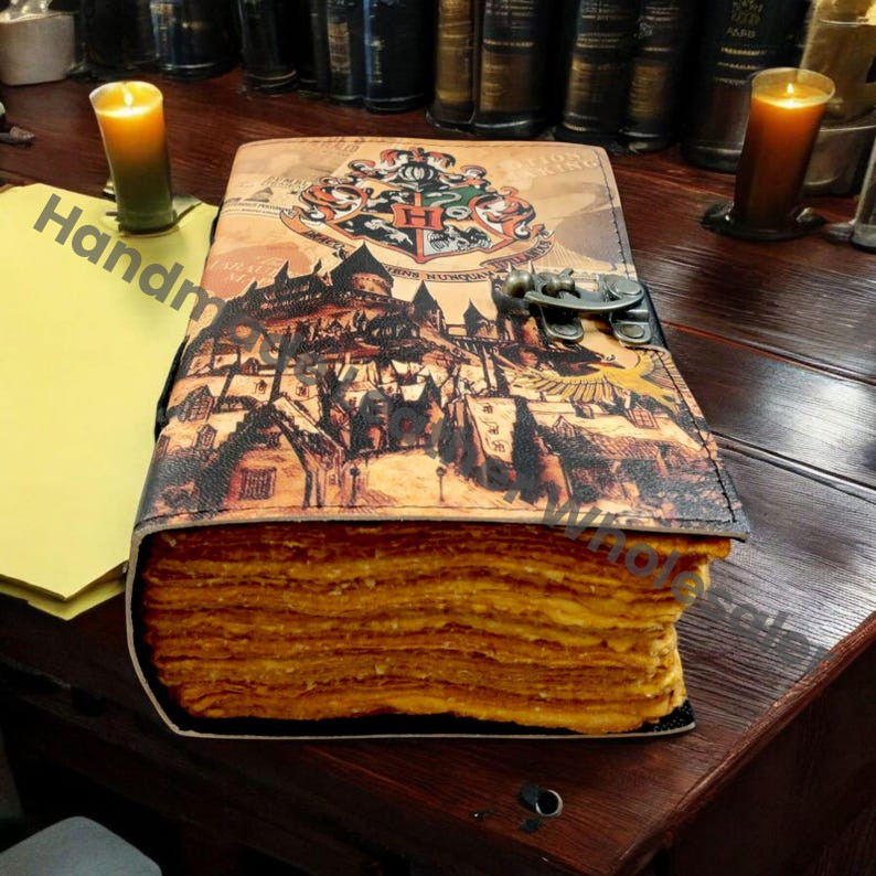Old World Castle Magical Leather Journal | majestic old-world castle, crest emblem | Fantasy Wizard Spellbook with Vintage Lock