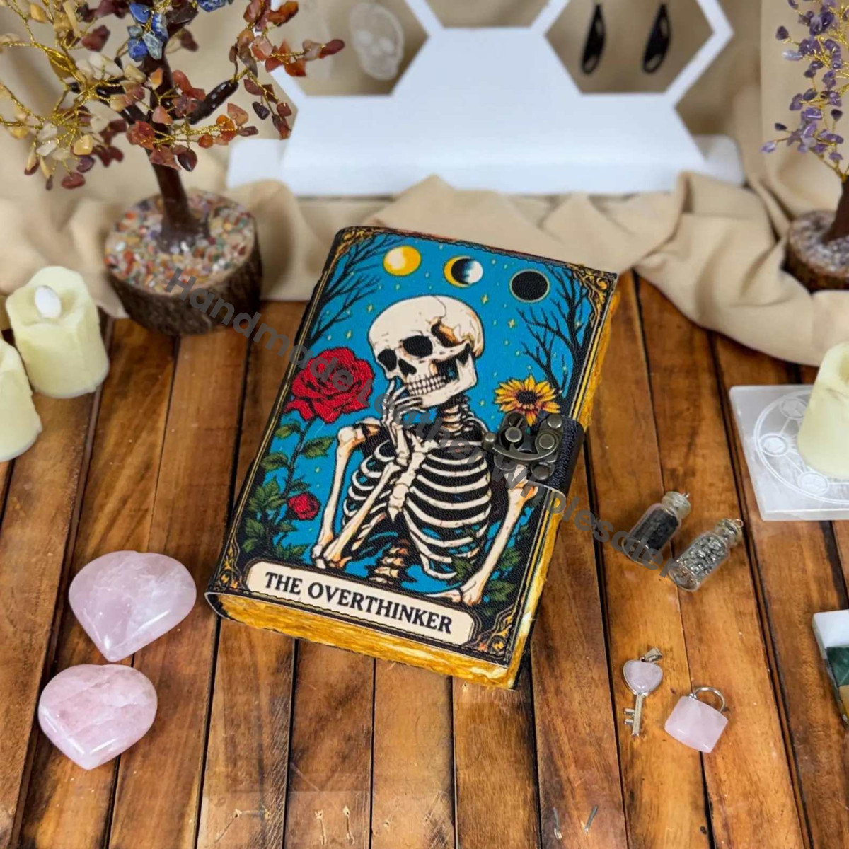 Overthinker Grimoire Leather Journal - Gothic Tarot Notebook -Blank Spell Book of shadows Handmade Sketchbook Witchy Journal