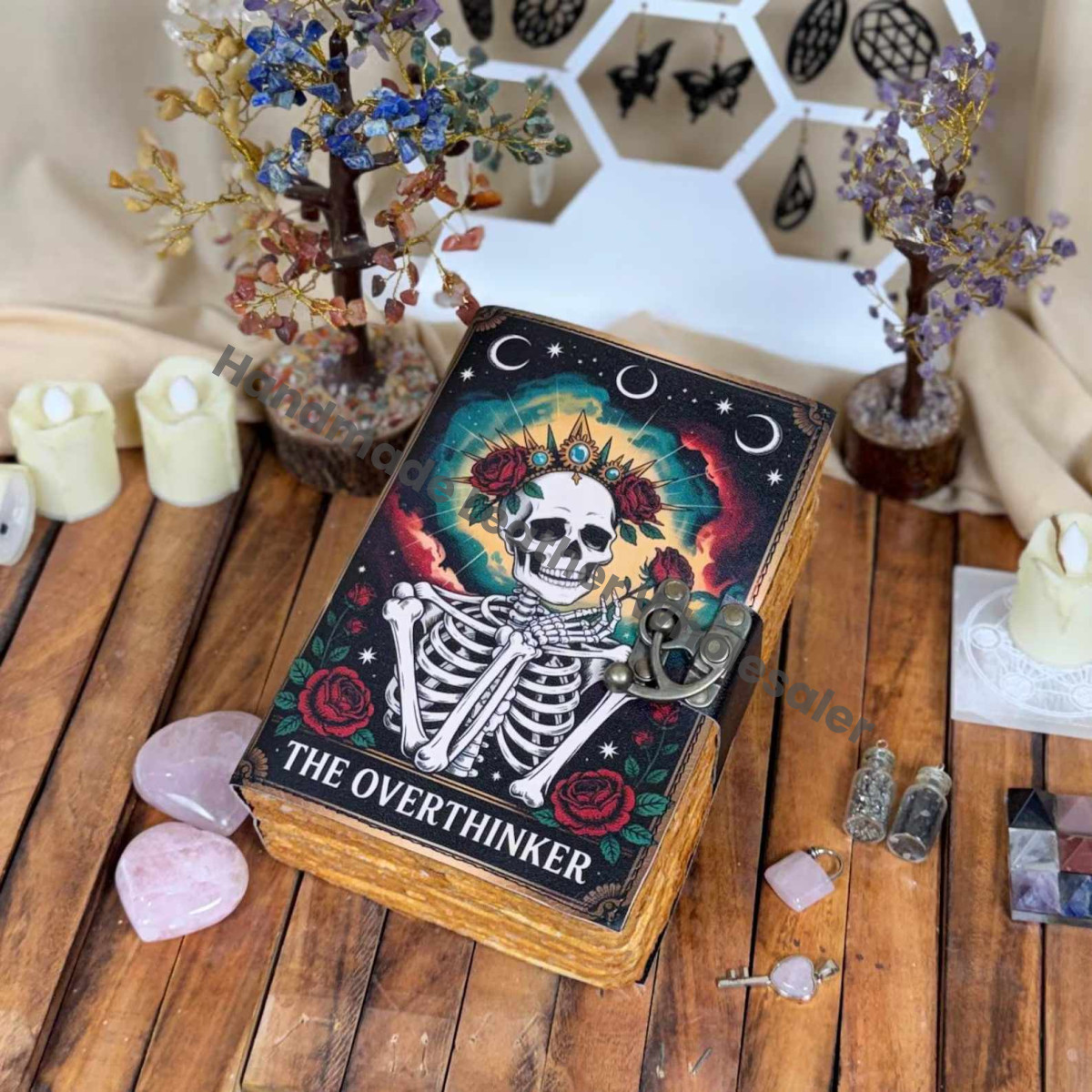 Overthinker Leather Journal – Skeleton Notebook, Witchy Journal, Vintage Handmade Grimoire