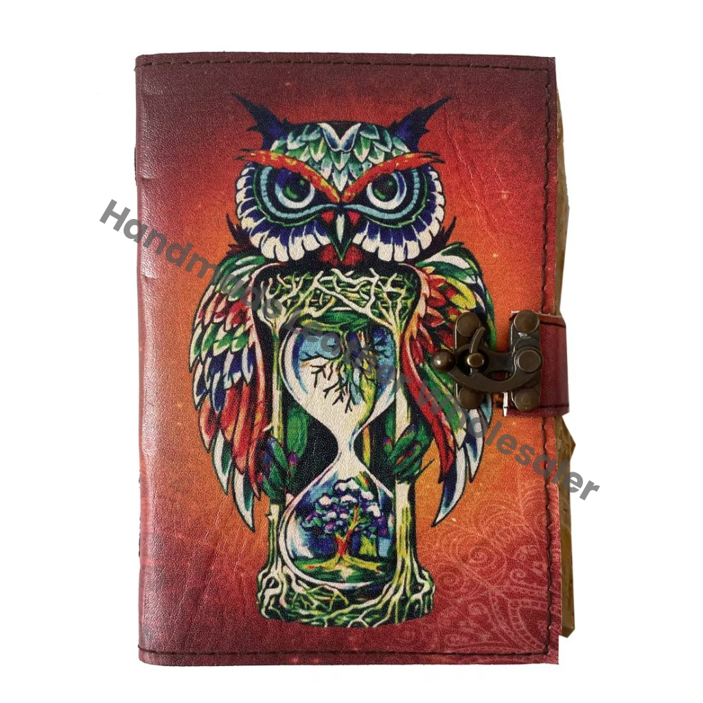 Owl Design Handmade Leather Printed Journal Deckle Edge Vintage Paper Sketchbook Clasp Made Unique Design Cover Diary Gift