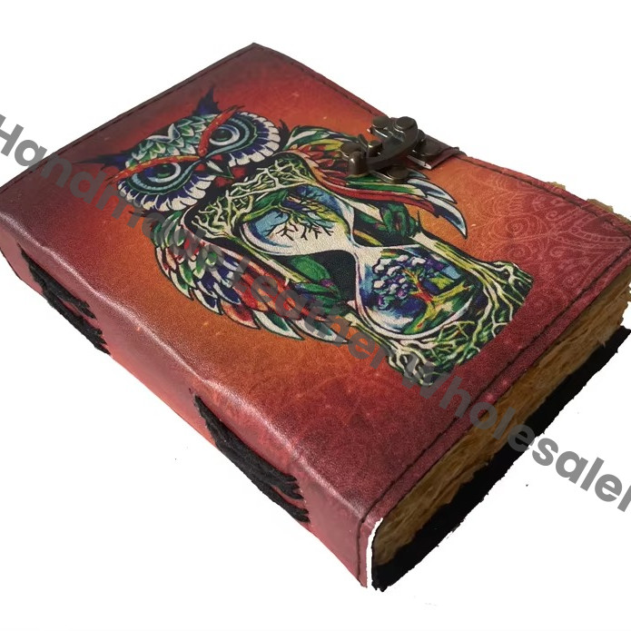 Owl Design Handmade Leather Printed Journal Deckle Edge Vintage Paper Sketchbook Clasp Made Unique Design Cover Diary Gift
