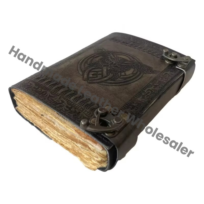 OWL Leather Journal Antique Embossed Charcoal Book of Shadows Prop Handmade Vintage Paper Personal Organizer Gift for Him her