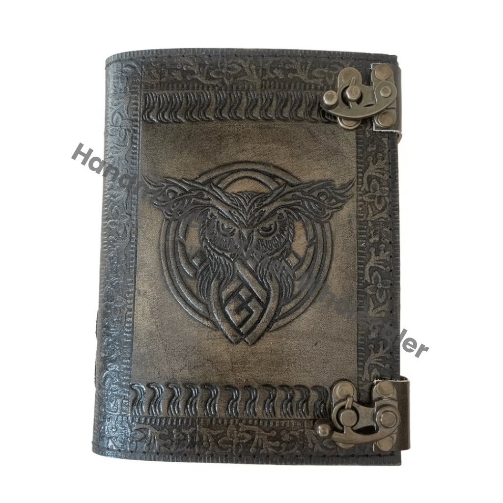 OWL Leather Journal Antique Embossed Charcoal Book of Shadows Prop Handmade Vintage Paper Personal Organizer Gift for Him her