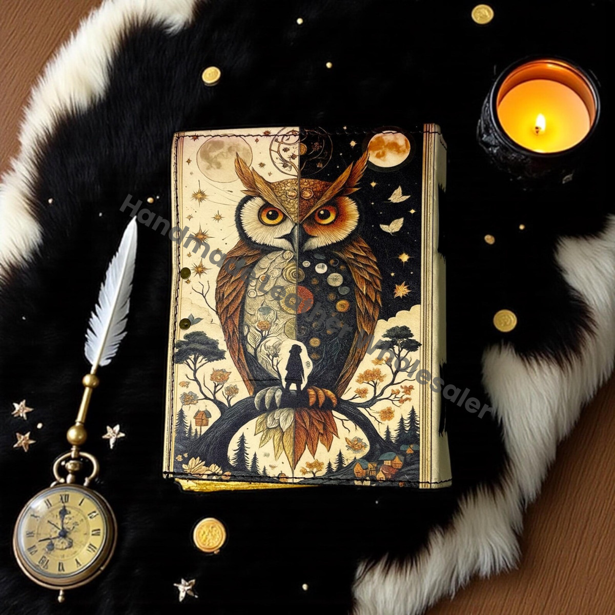 Owl Leather Journal – Gothic Grimoire Book of Shadows, Witchcraft Spellbook, Vintage Wiccan Pagan Magic Diary, Witchy Occult Gift