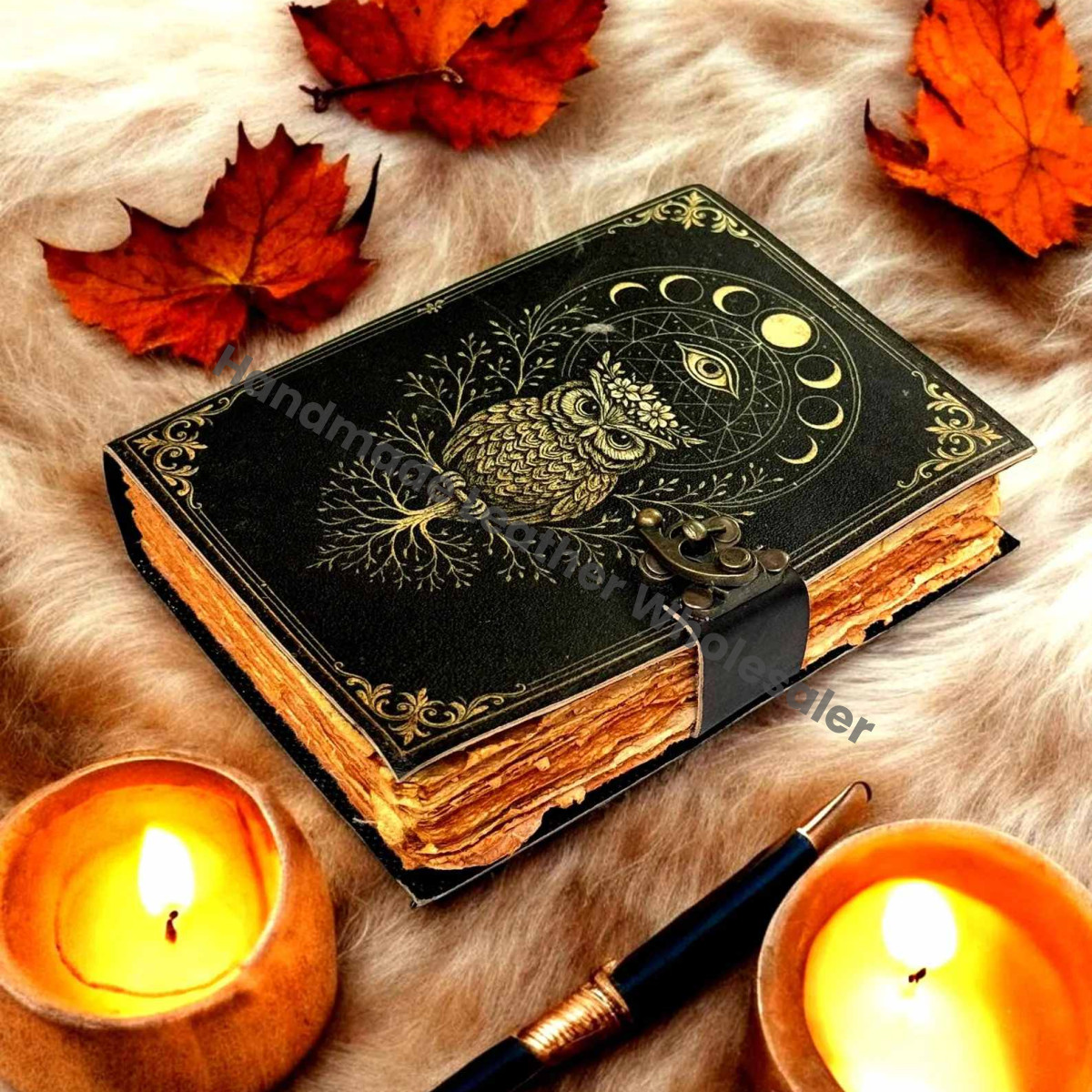 Owl Leather Journal – Handmade Gothic Grimoire Book of Shadows, Vintage Witchcraft Spellbook, Wiccan Pagan Magic Diary Occult