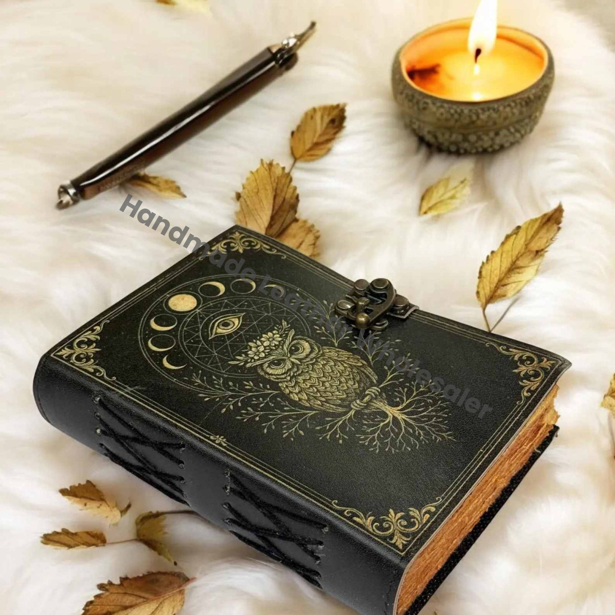 Owl Leather Journal – Handmade Gothic Grimoire Book of Shadows, Vintage Witchcraft Spellbook, Wiccan Pagan Magic Diary Occult