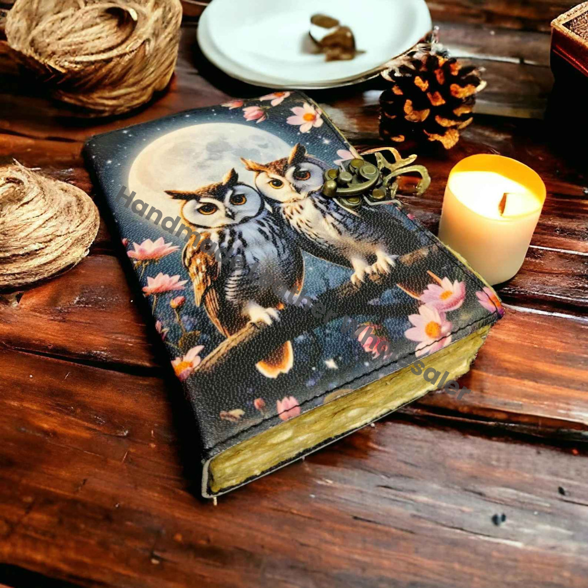 Owl Leather Journal: Handmade Vintage Book of Shadows with Deckle Edge Paper Grimoire Journal, Travel Writing Notebook