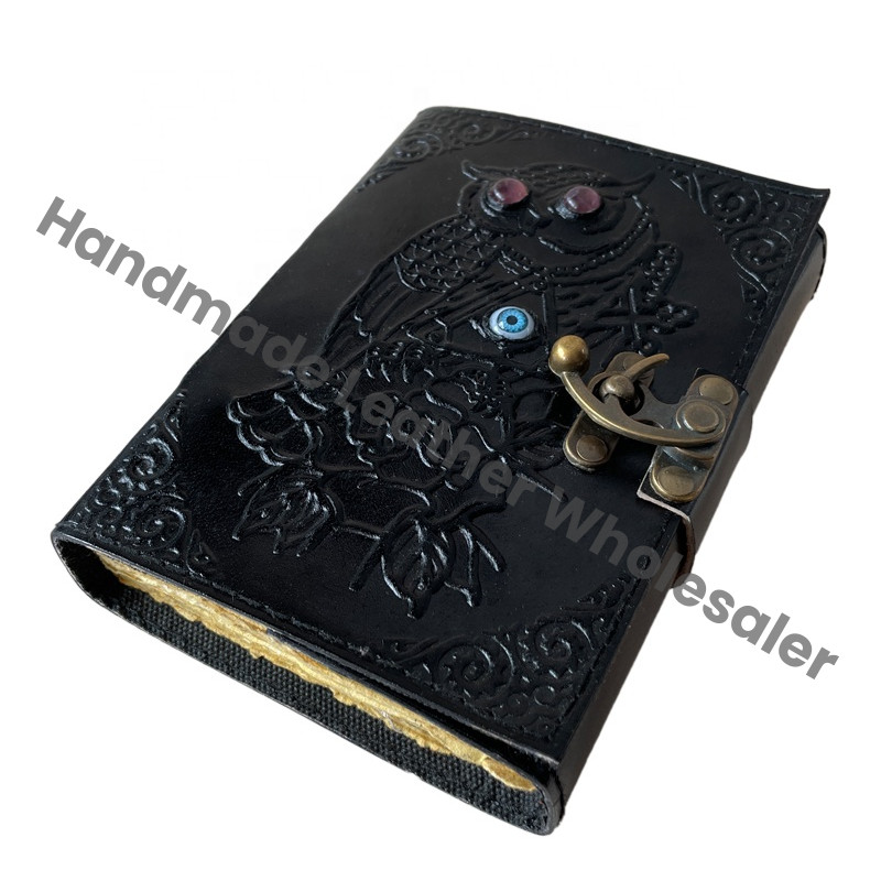 Owl Leather Journals Stone Pattern Vintage Leather Journal Black Spell Books Large Prayer Deckle Art Paper Notebooks Diary Gift