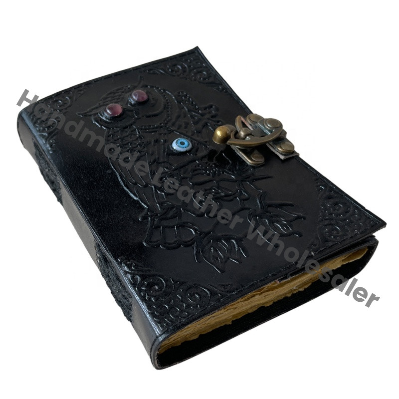 Owl Leather Journals Stone Pattern Vintage Leather Journal Black Spell Books Large Prayer Deckle Art Paper Notebooks Diary Gift