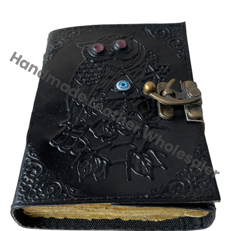 Owl Leather Journals Stone Pattern Vintage Leather Journal Black Spell Books Large Prayer Deckle Art Paper Notebooks Diary Gift