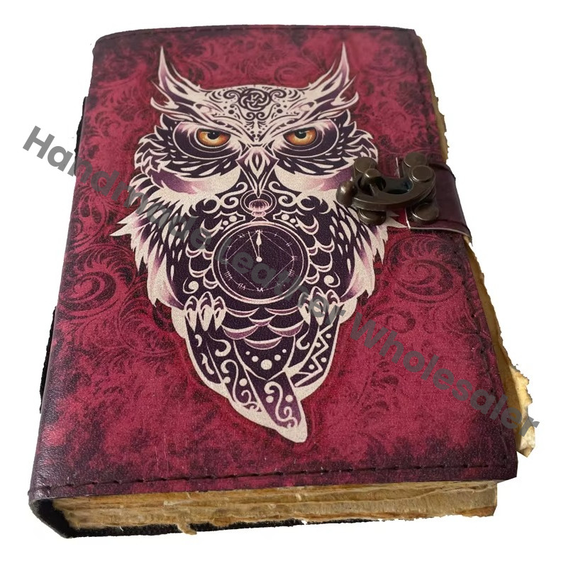 Owl Print Leather Journal Handmade Notebook with Owl Design Writing Journal Eco Leather Diary for Creative Writing