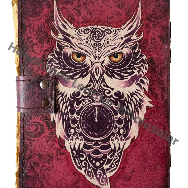 Owl Print Leather Journal Handmade Notebook with Owl Design Writing Journal Eco Leather Diary for Creative Writing
