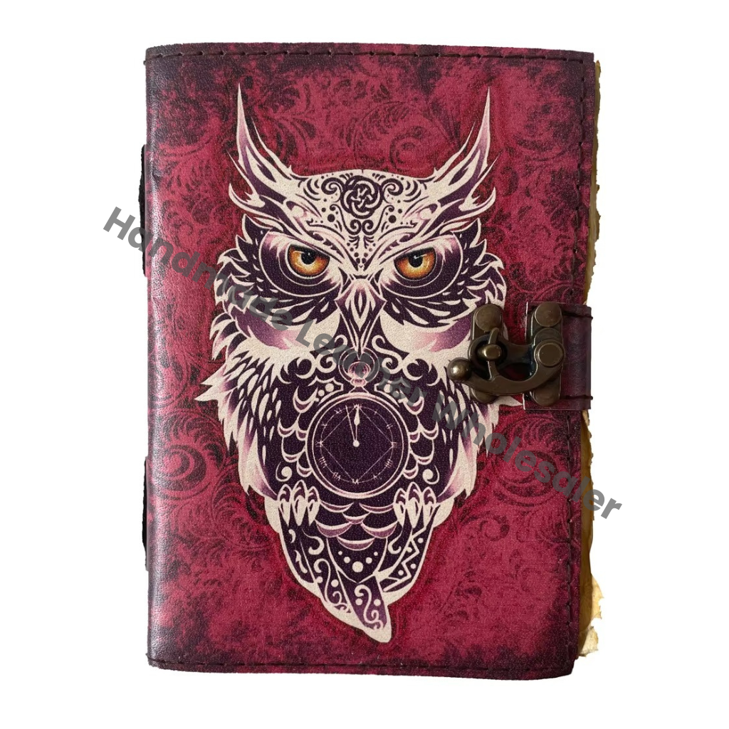 Owl Print Leather Journal Handmade Notebook with Owl Design Writing Journal Eco Leather Diary for Creative Writing