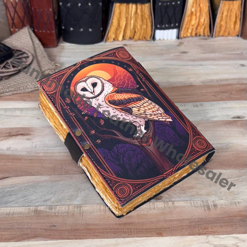 Owl Print Leather Journal: Vintage Grimoire, Deckle Edge Paper