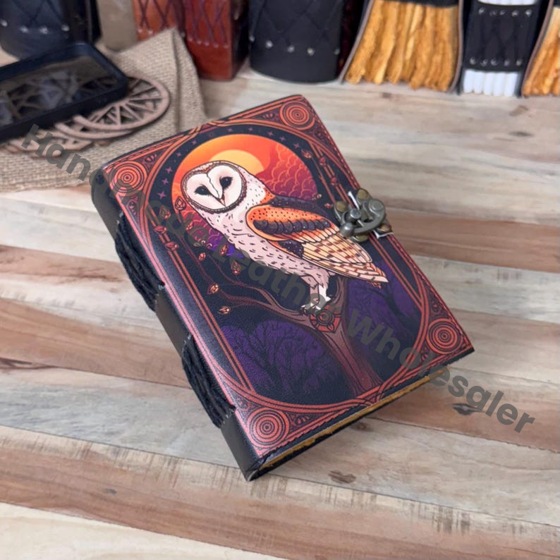 Owl Print Leather Journal: Vintage Grimoire, Deckle Edge Paper