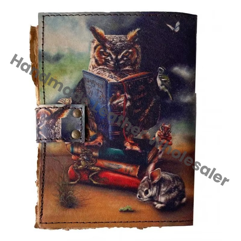 Owl Printed Vintage Spell Book Shadows Leather Journal Wholesaler Handmade Spiral Unisex Deckle Edge Paper Gift