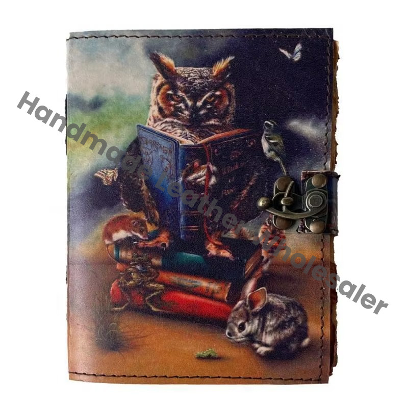 Owl Printed Vintage Spell Book Shadows Leather Journal Wholesaler Handmade Spiral Unisex Deckle Edge Paper Gift