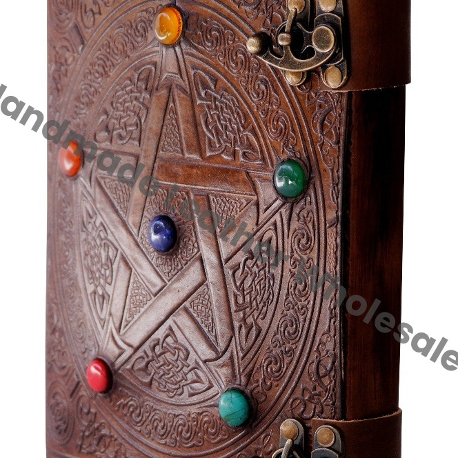 Pentagram Charcoal Leather Journal Large Celtic Embossed Handmade Lock Grimoire Notebook Custom Logo Stone Writing Bound Gift