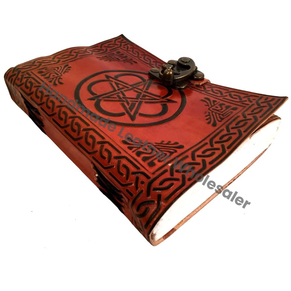 PENTAGRAM Leather Journal Vintage Handmade Black Orange Woman Large Gift Custom Logo Notebooks Spell Sketchbook Supplies Diary