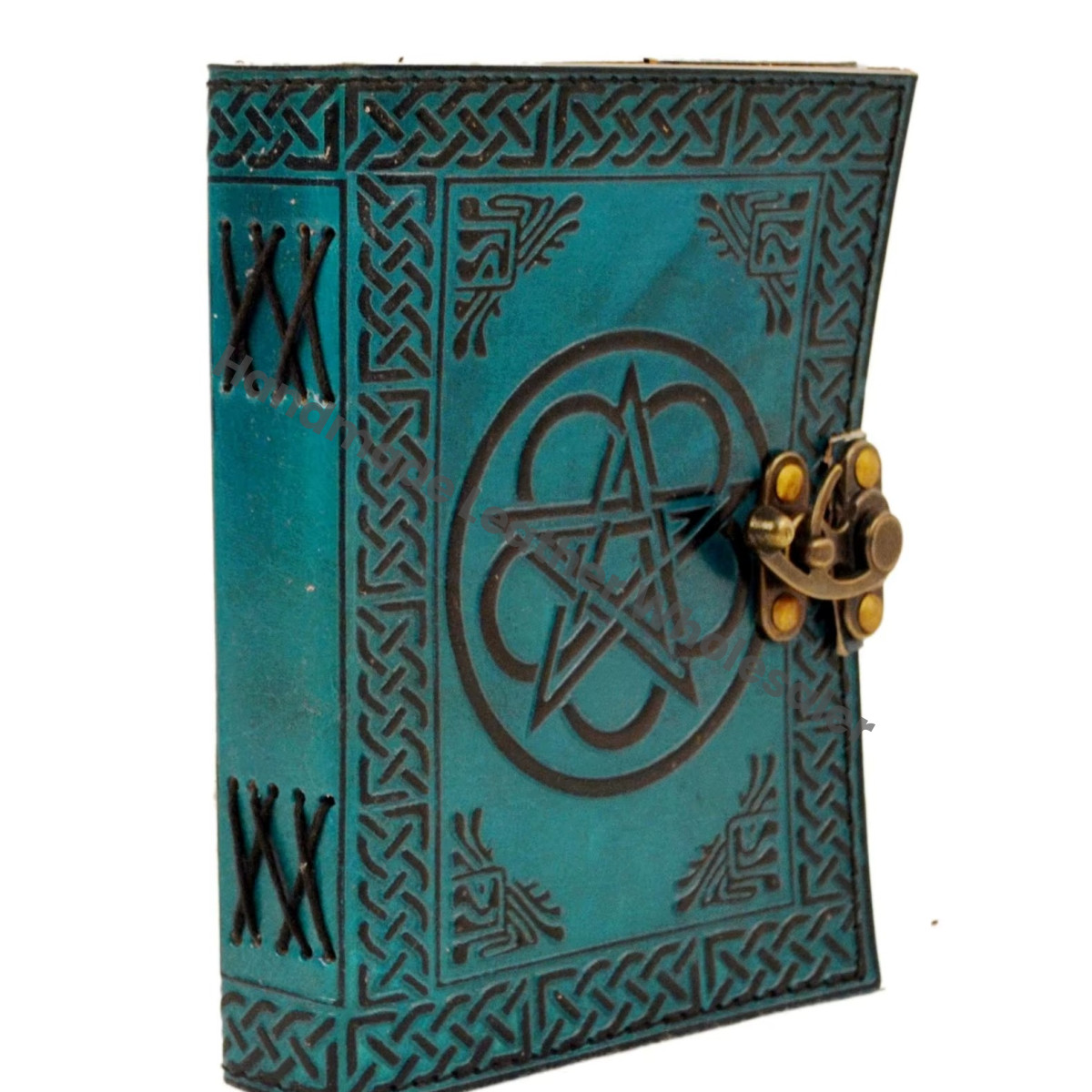 Pentagram Leather Journal Vintage Handmade Blue with Black Cover Large Size Thermal Binding Spell Sketchbook Supplies Diary Gift