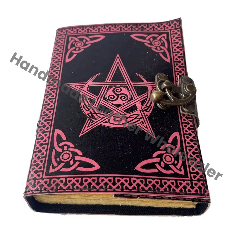 Pentagram Leather Journals Antique Embossed Vintage Journal Moon Book of Spells Charmed Handmade Deckle Edge Paper Black & Pink