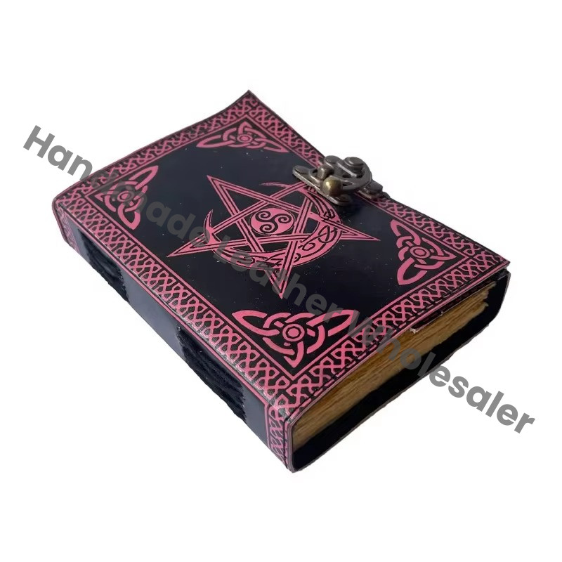 Pentagram Leather Journals Antique Embossed Vintage Journal Moon Book of Spells Charmed Handmade Deckle Edge Paper Black & Pink