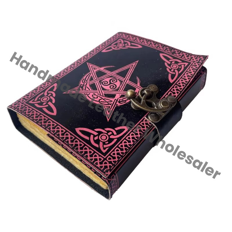 Pentagram Leather Journals Antique Embossed Vintage Journal Moon Book of Spells Charmed Handmade Deckle Edge Paper Black & Pink