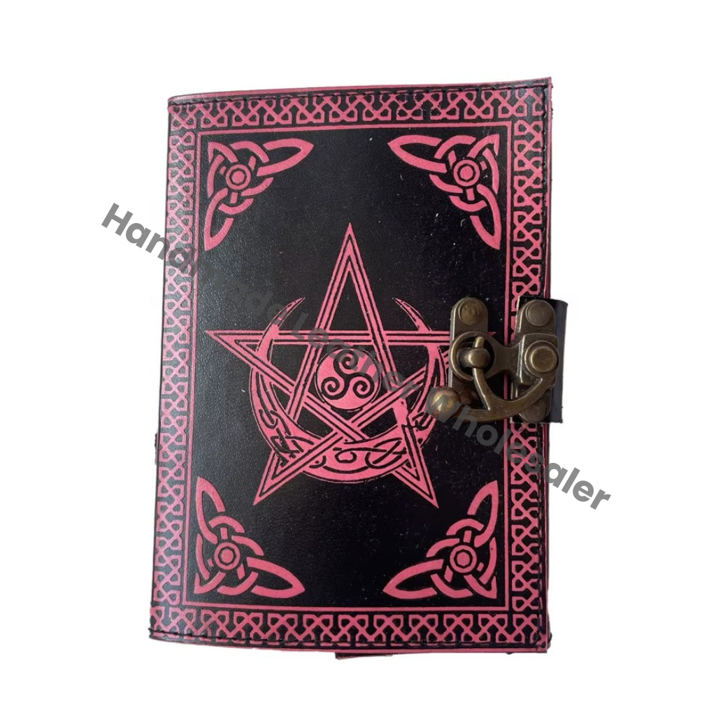 Pentagram Leather Journals Antique Embossed Vintage Journal Moon Book of Spells Charmed Handmade Deckle Edge Paper Black & Pink