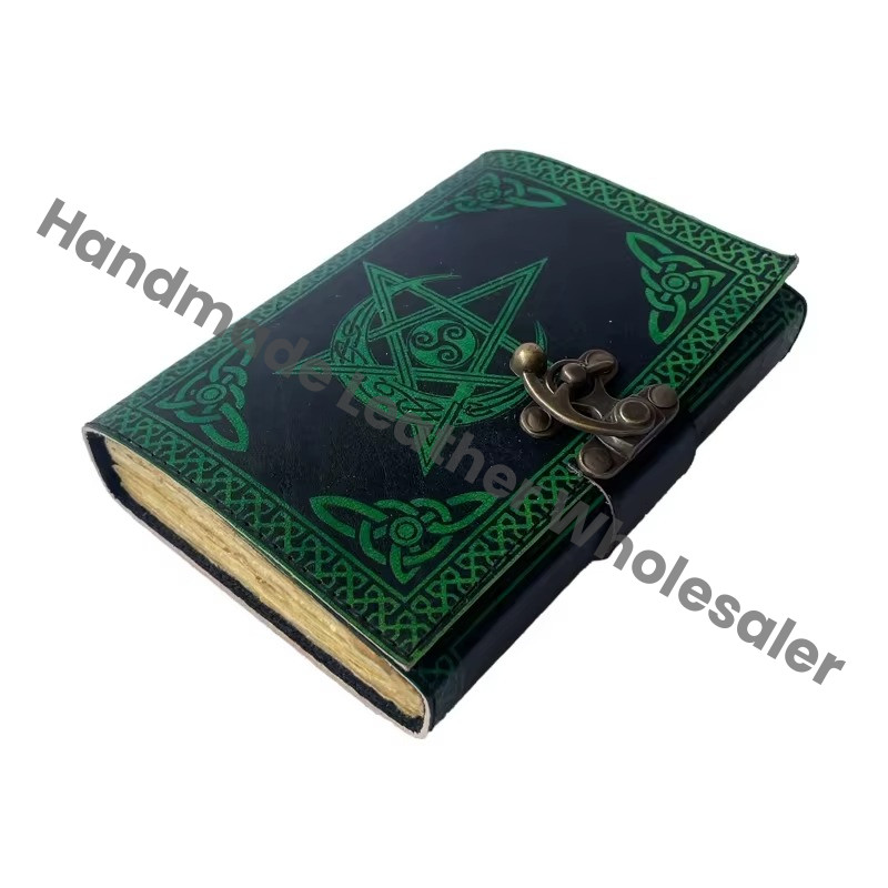 Pentagram Moon Leather Journal Antique Book of Spell Charmed Handmade Deckle Edge Paper Black & Green Embossed Vintage Journal