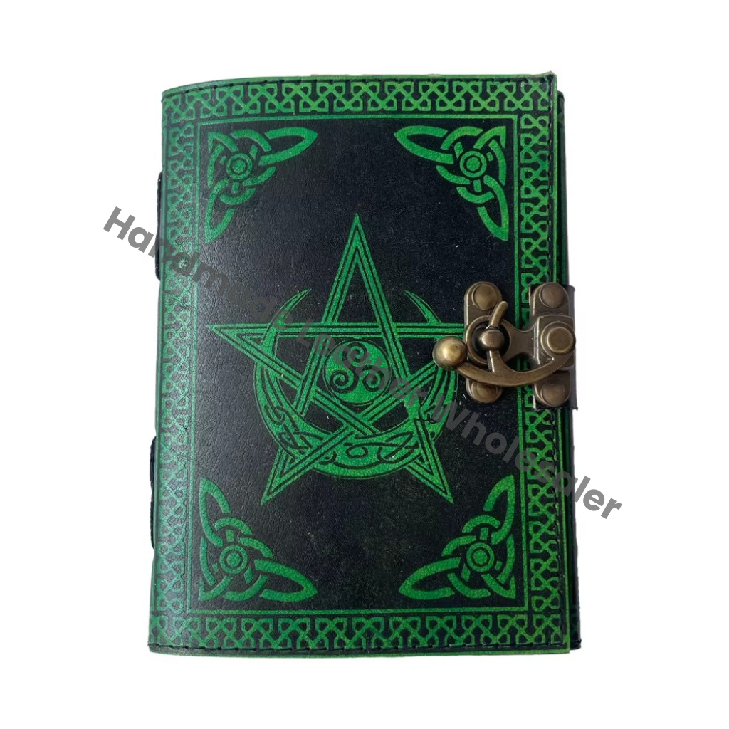 Pentagram Moon Leather Journal Antique Book of Spell Charmed Handmade Deckle Edge Paper Black & Green Embossed Vintage Journal