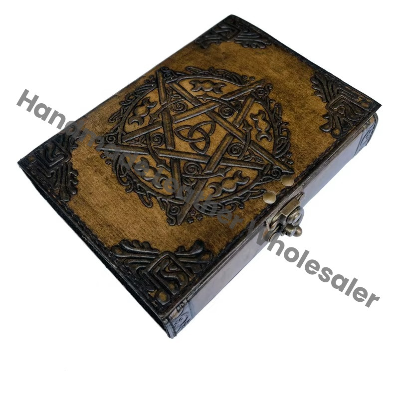Personal Organizer Large Antique Embossed Pentagram Leather Journal Metal Closure Charcoal Book Handmade Paper Gift Him Day