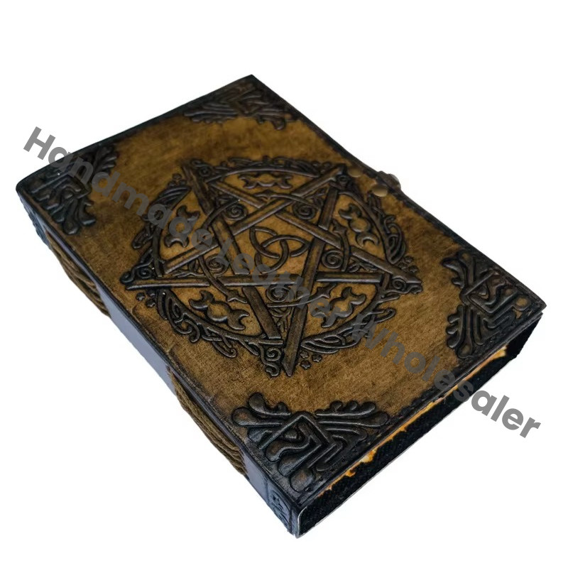 Personal Organizer Large Antique Embossed Pentagram Leather Journal Metal Closure Charcoal Book Handmade Paper Gift Him Day