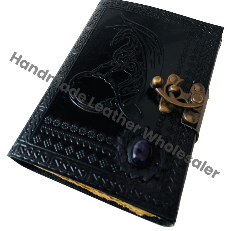 Personalised Dragon Leather Journal Vintage Pages Brass C Clasp Antique/Medieval DND Retro Notebook Real Stones Used