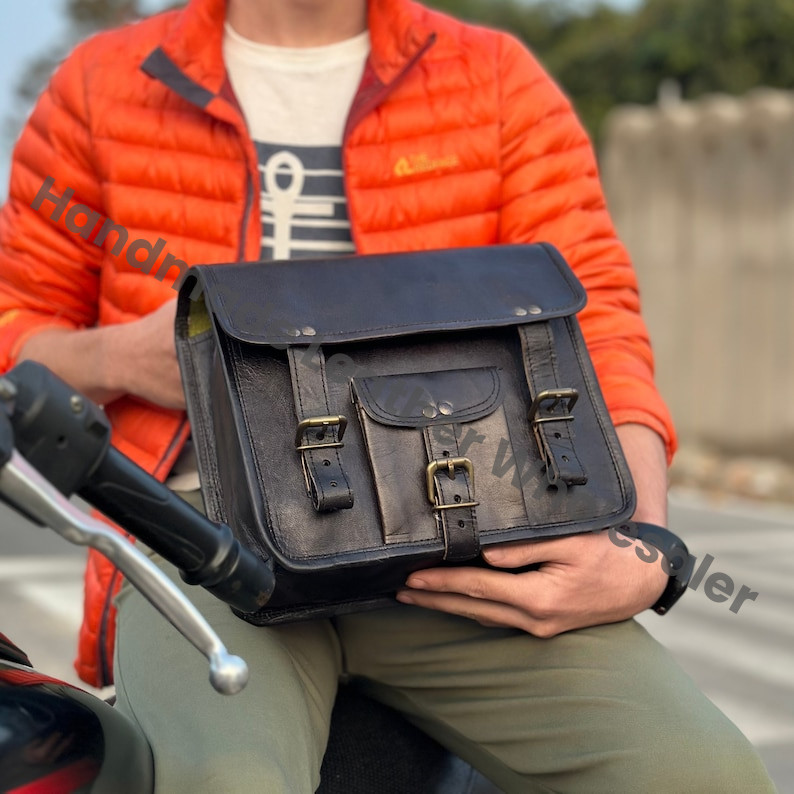 Personalized Black Leather Motorcycle Saddle Bag Set: Monogrammed Motorbike Pouches