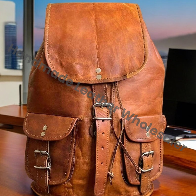Personalized Brown Leather Backpack, Vintage Rucksack Laptop Bag