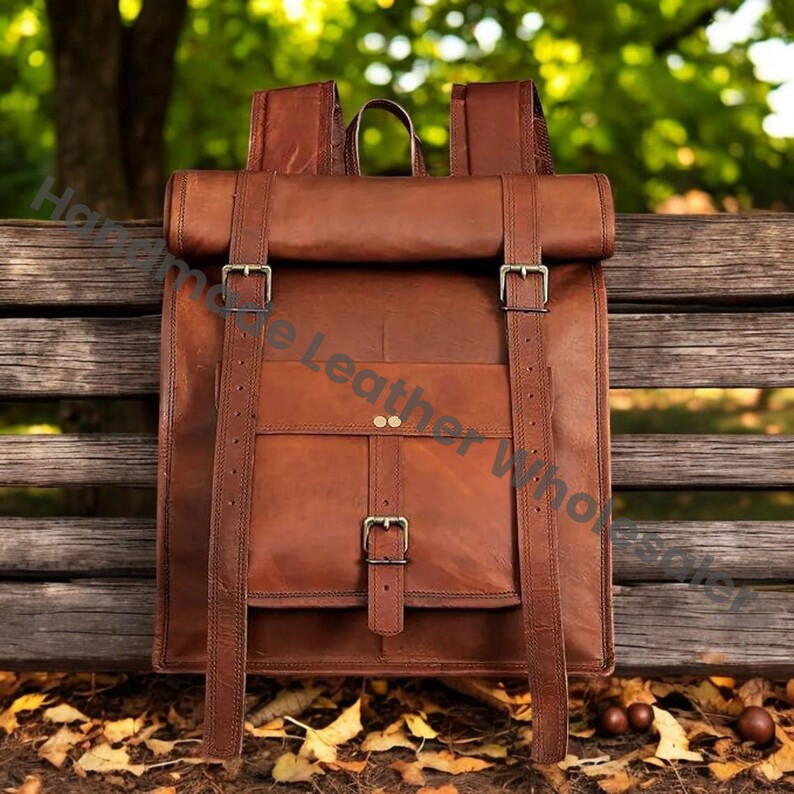 Personalized Brown Leather Backpack: Vintage Rucksack Laptop Bag