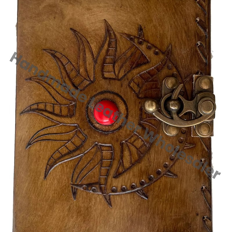 Personalized Charcoal Leather Hardcover Loose-Leaf Diary Sun Moon Tree Life Design Deckle Paper