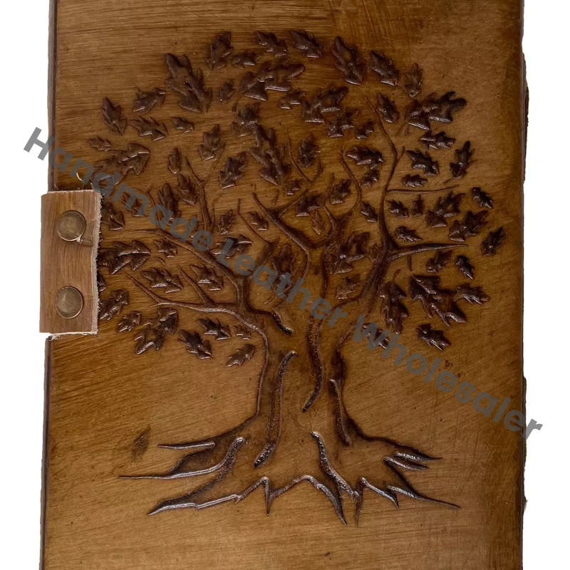 Personalized Charcoal Leather Hardcover Loose-Leaf Diary Sun Moon Tree Life Design Deckle Paper