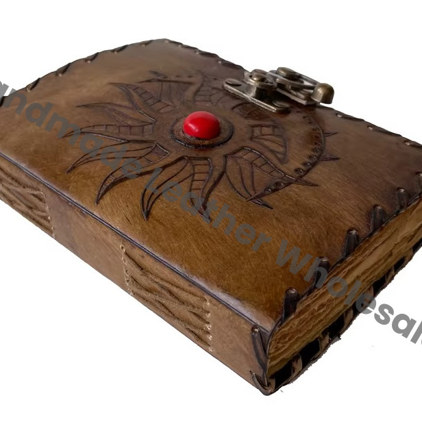 Personalized Charcoal Leather Hardcover Loose-Leaf Diary Sun Moon Tree Life Design Deckle Paper