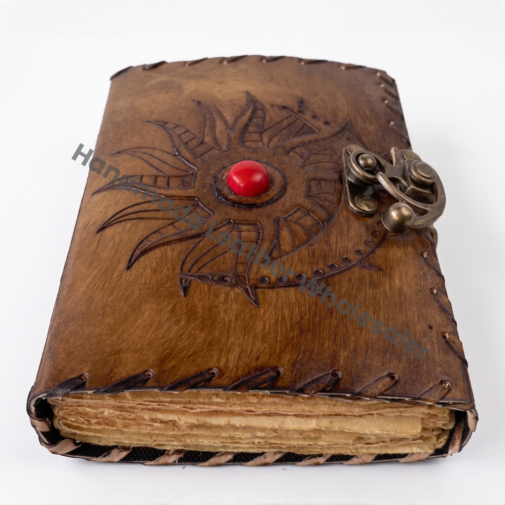 Personalized Charcoal Leather Hardcover Loose-Leaf Diary Sun Moon Tree Life Design Deckle Paper