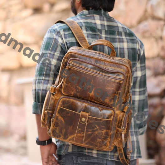 Personalized Full-Grain Leather Backpack, Vintage Laptop Rucksack
