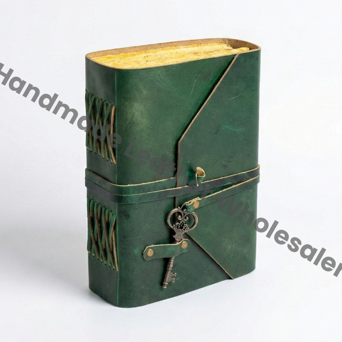 Personalized Green Leather Journal: Antique Brass Key, Deckle Edge Paper