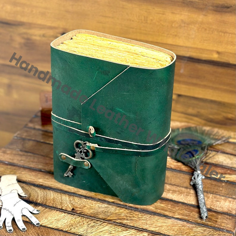 Personalized Green Leather Journal: Antique Brass Key, Deckle Edge Paper