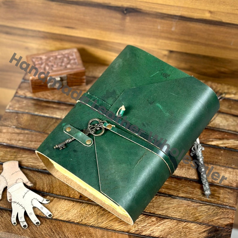 Personalized Green Leather Journal: Antique Brass Key, Deckle Edge Paper
