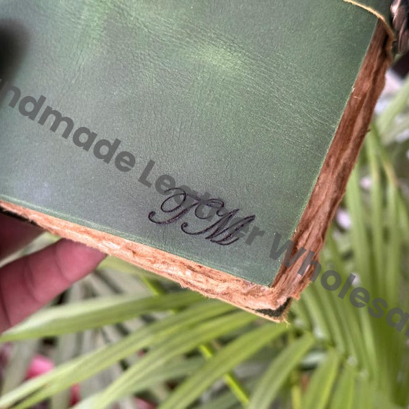 Personalized Green Leather Journal, Blank Grimoire, Travel Writing Notebook