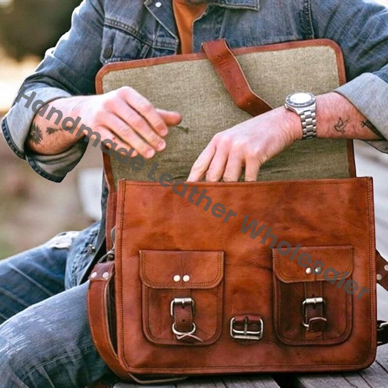 Personalized Leather Briefcase: Retro Crossbody Laptop Messenger Bag