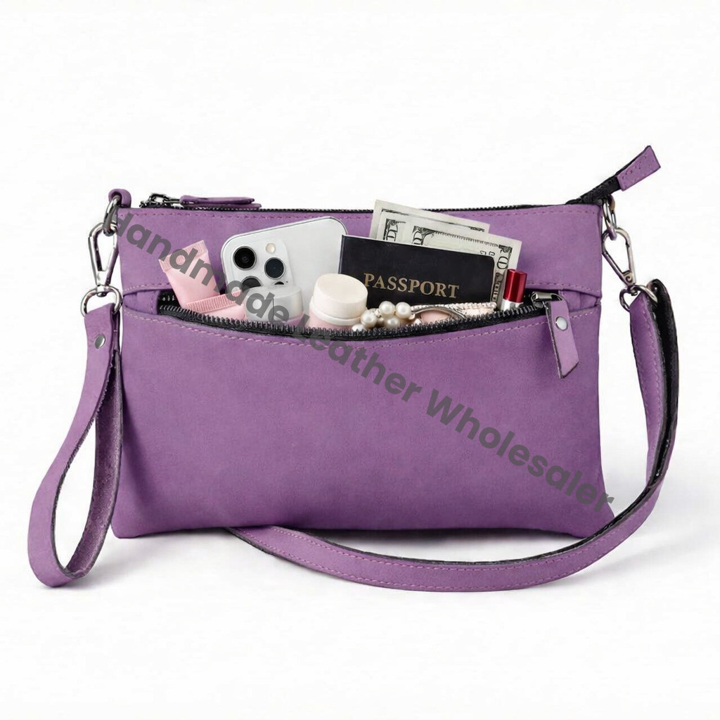 Personalized Leather Crossbody Bag, Lavender Wristlet Clutch