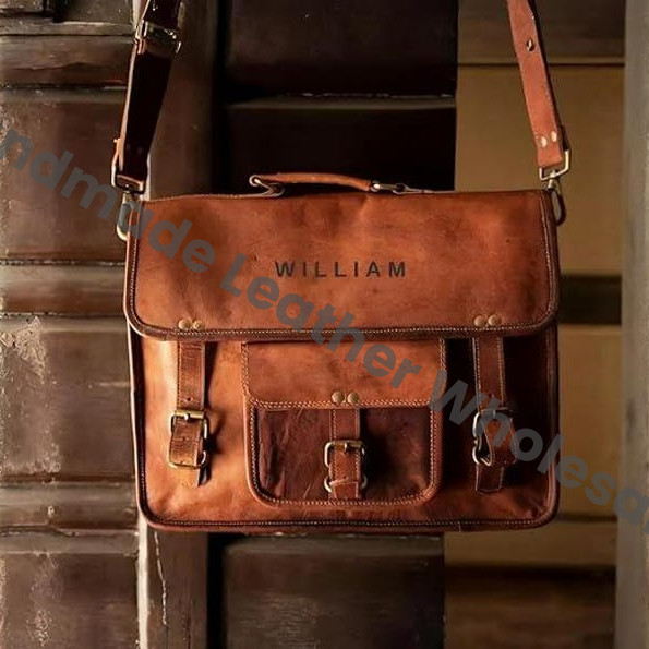 Personalized Leather Messenger Bag: Rustic Vintage Crossbody Laptop Briefcase